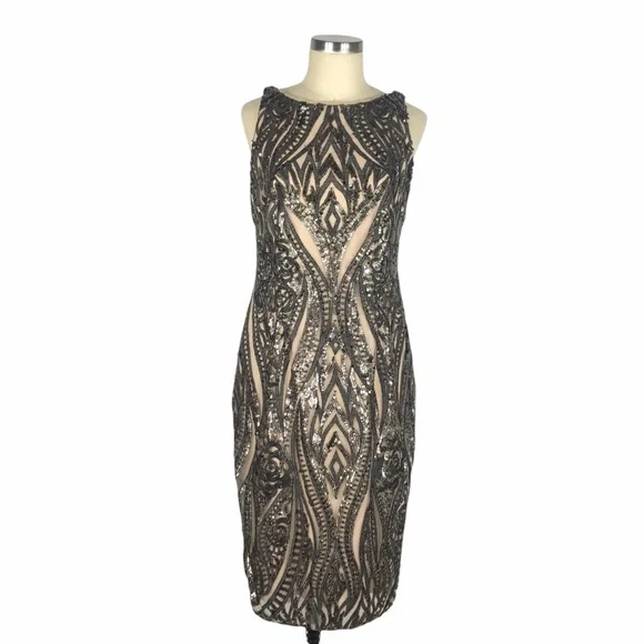Adrianna Papell | Dresses | Adrianna Papell Black Tan Sequin Gatsby Midi  Dress Flashy Party Size 8 | Poshmark